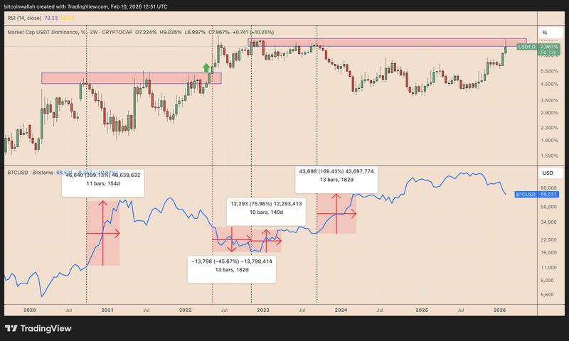 Tether's crypto market dominance vs. BTC/USD two-week performance chart