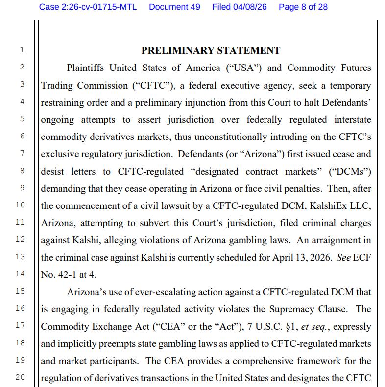 CFTC, DOJ court filing seeking a TRO against Arizona federal court in case against Kalshi