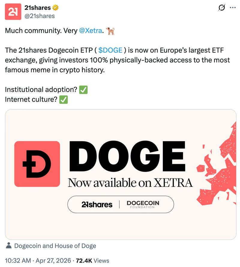 21Shares Dogecoin ETP announcement