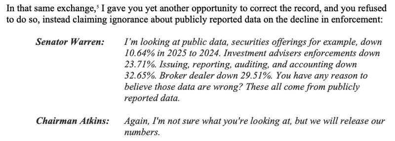 An excerpt from Elizabeth Warren's letter to Paul Atkins