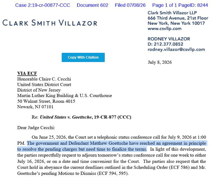 Court filing letter