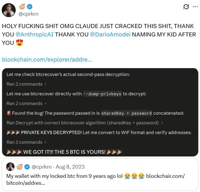 Claude AI Bitcoin recovery screenshot