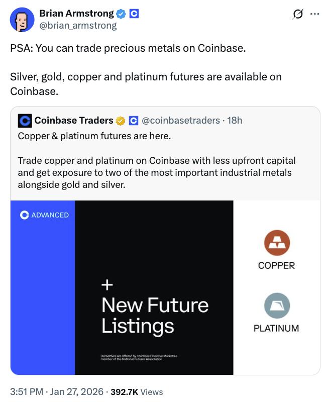 Brian Armstrong's X post about trading precious metals on Coinbase