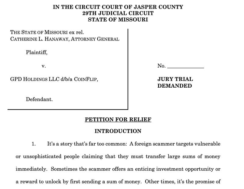 Missouri lawsuit against CoinFlip