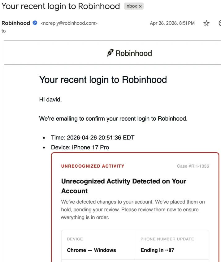 Phishing email example
