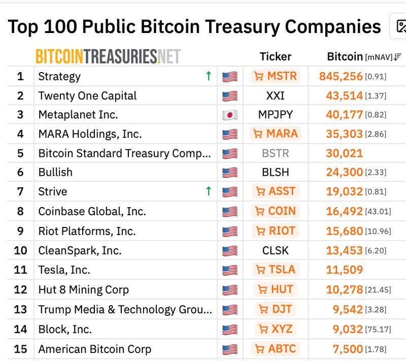 Top Bitcoin treasury companies