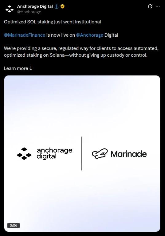 Anchorage Digital X.com post re MarinadeFinance is now live on Anchorage Digital