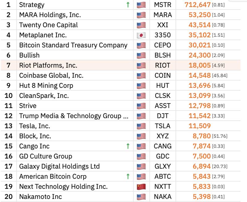 Top 20 Bitcoin treasury companies