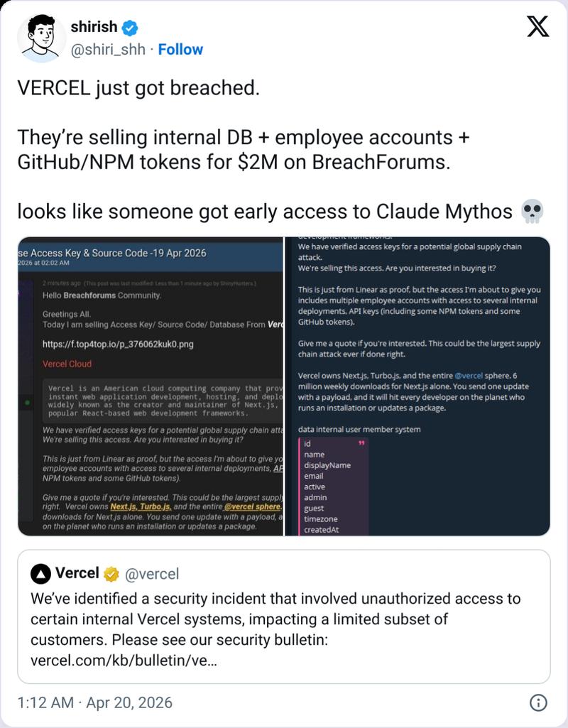 BreachForums post claiming Vercel data for sale