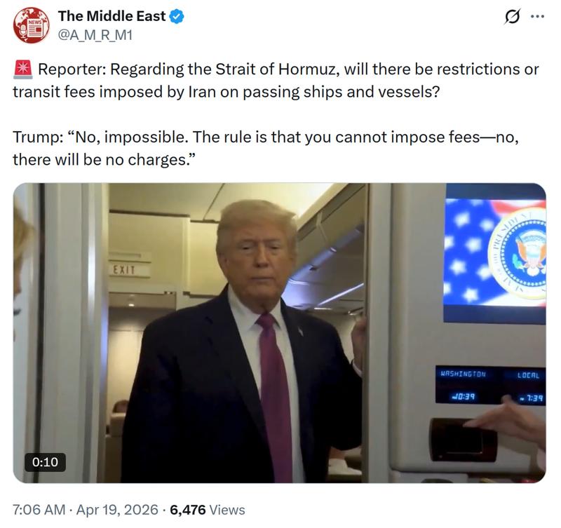 Trump says he won't allow Iran to impose tolls on ships