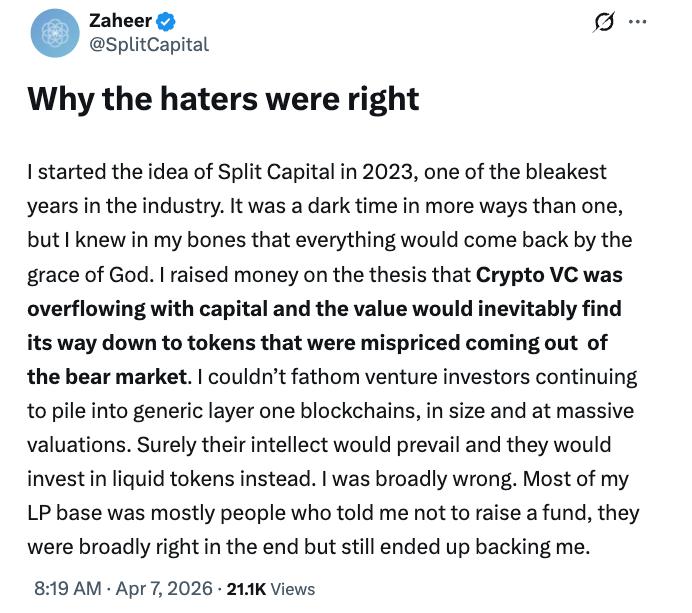 An excerpt from Zaheer Ebtikar's announcement on joining Plasma and winding down Split Capital