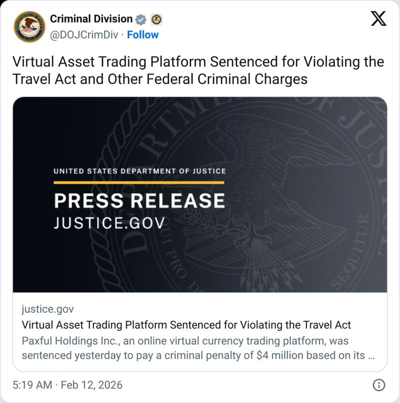 Paxful criminal penalty statistics