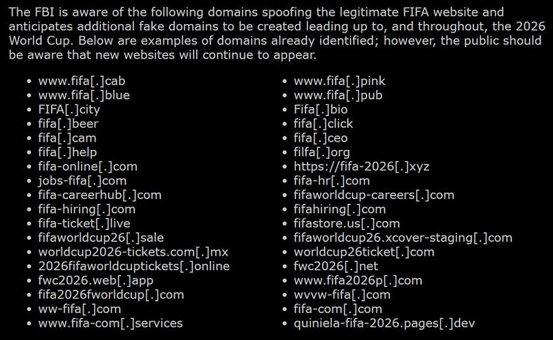 FBI warning of fake FIFA domains