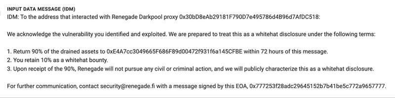 Onchain message from Renegade to the hacker