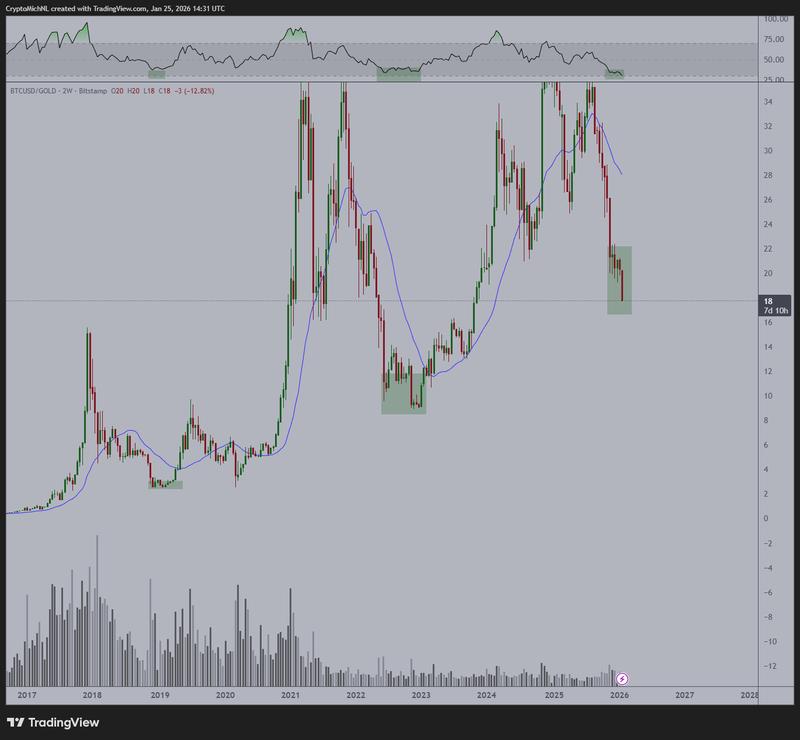 BTC/USD vs. gold two-week chart