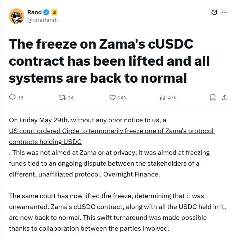 Zama USDC freeze lifted