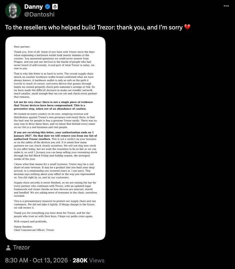 Trezor CCO Danny Sanders statement