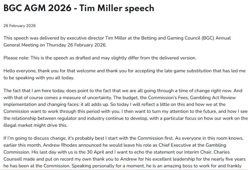 Tim Miller's speech at the Betting and Gaming Council's annual general meeting in London