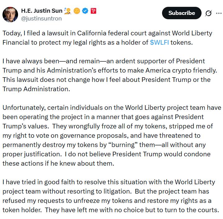 Justin Sun social media post