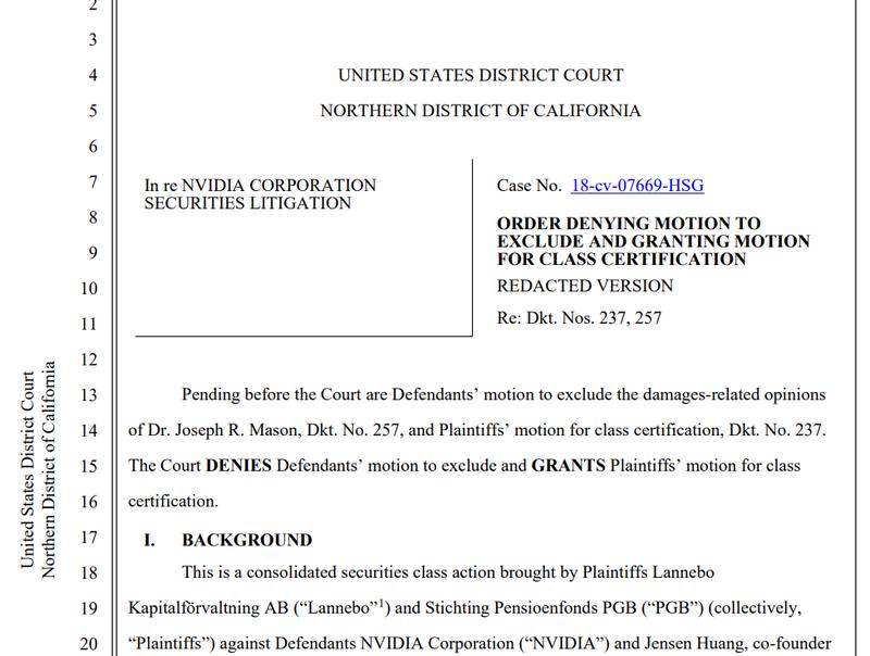 California judge certifies investor class in Nvidia securities suit