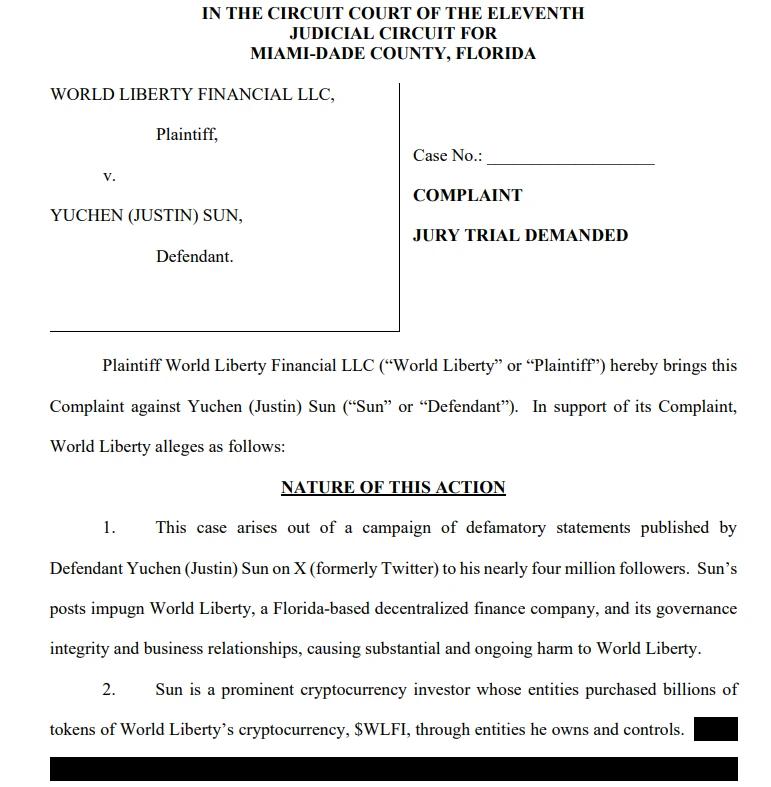 WLFI court filing against Justin Sun