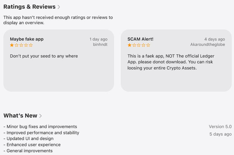 Two reviews and fake feature updates for the counterfeit Ledger Live app