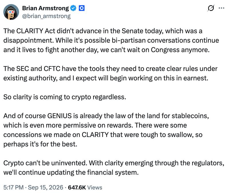 Brian Armstrong post on X