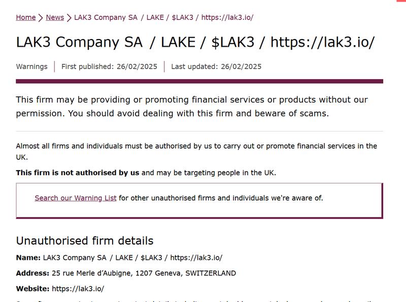 LAK3 Company on FCA warning list