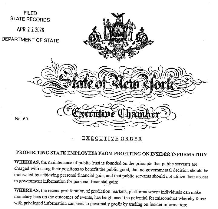 Executive order banning New York state officials from trading on prediction markets